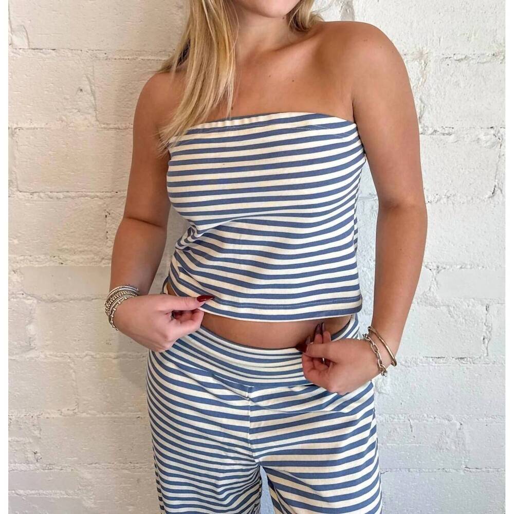 NEW ADELINE striped strapless cropped lounge top in navy